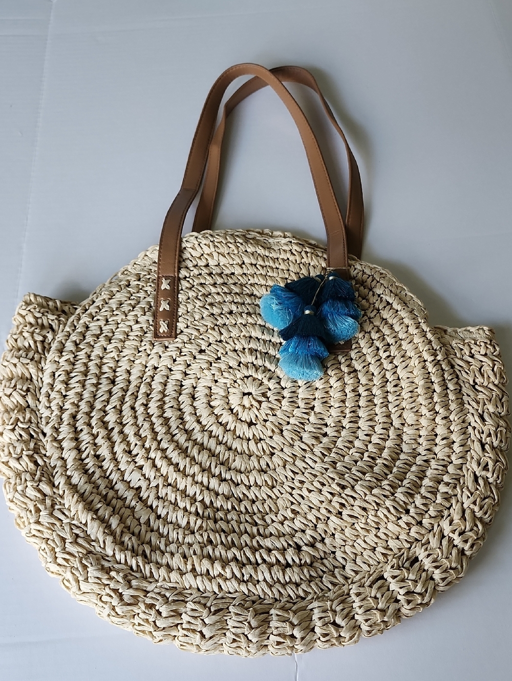 Woven Round Boho Straw Summer Beach Tote Bag,  Large